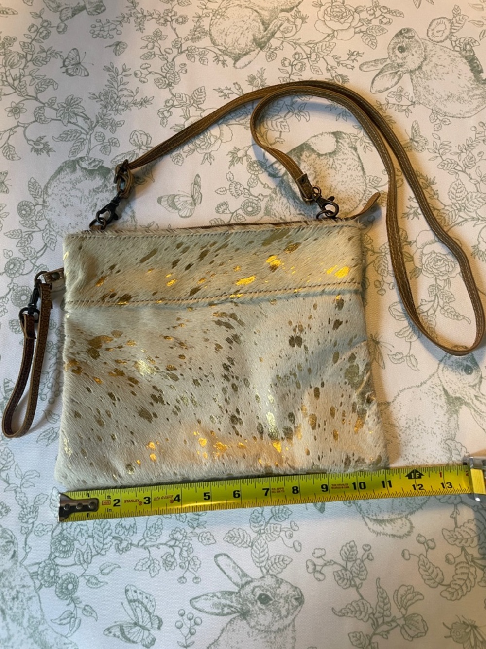 Myra Bag Cream and Brown Cowhide Crossbody with Gold Foil